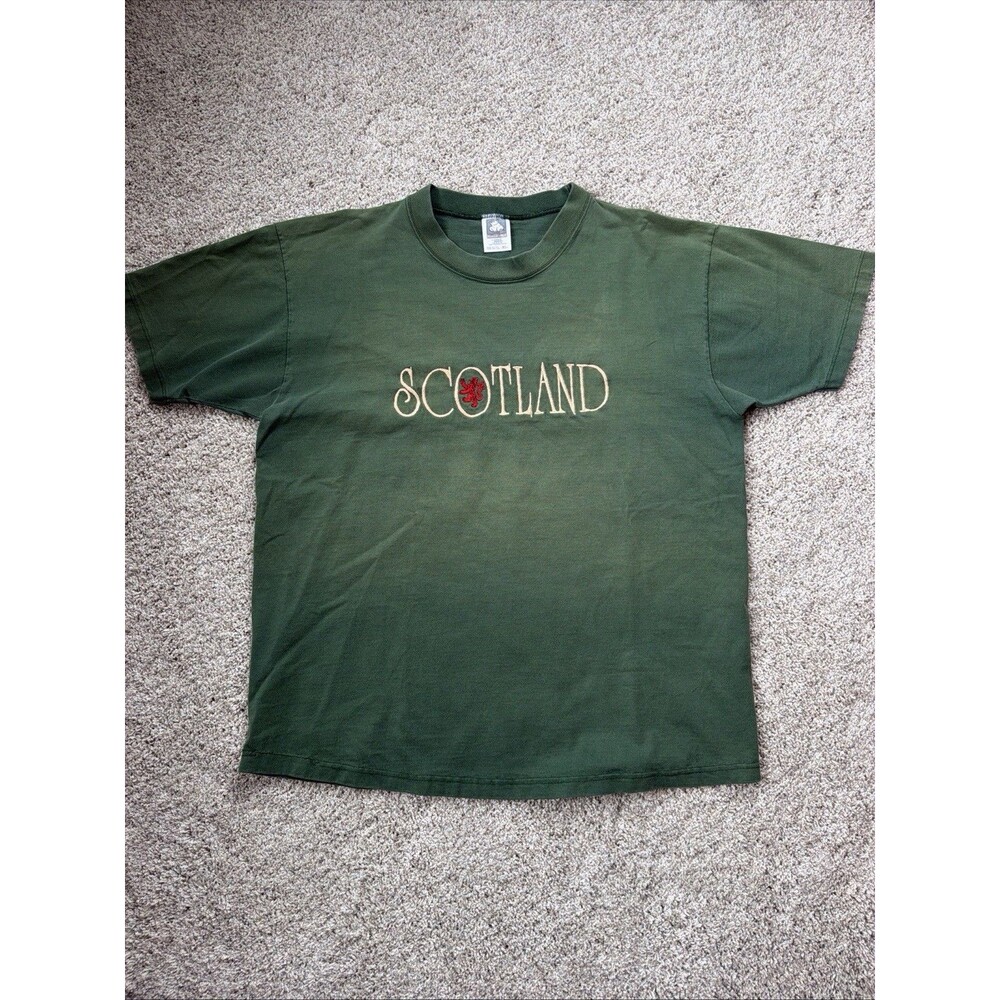 VTG 90s Scotland Embroidered T Shirt XL Forest Green Anvil Cotton Deluxe USA